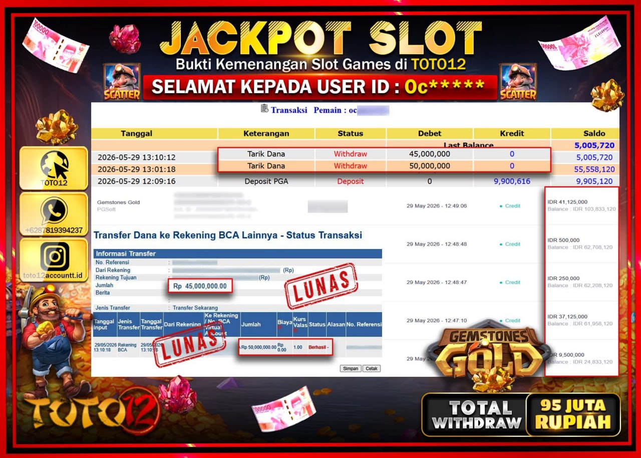 HANYA DI TOTO12 JP PASTI DI BAYAR LUNAS DAN CEPAT!!!!!! JACKPOT SLOT GAME (GEMSTONES GOLD) Rp95.000.000!!!!