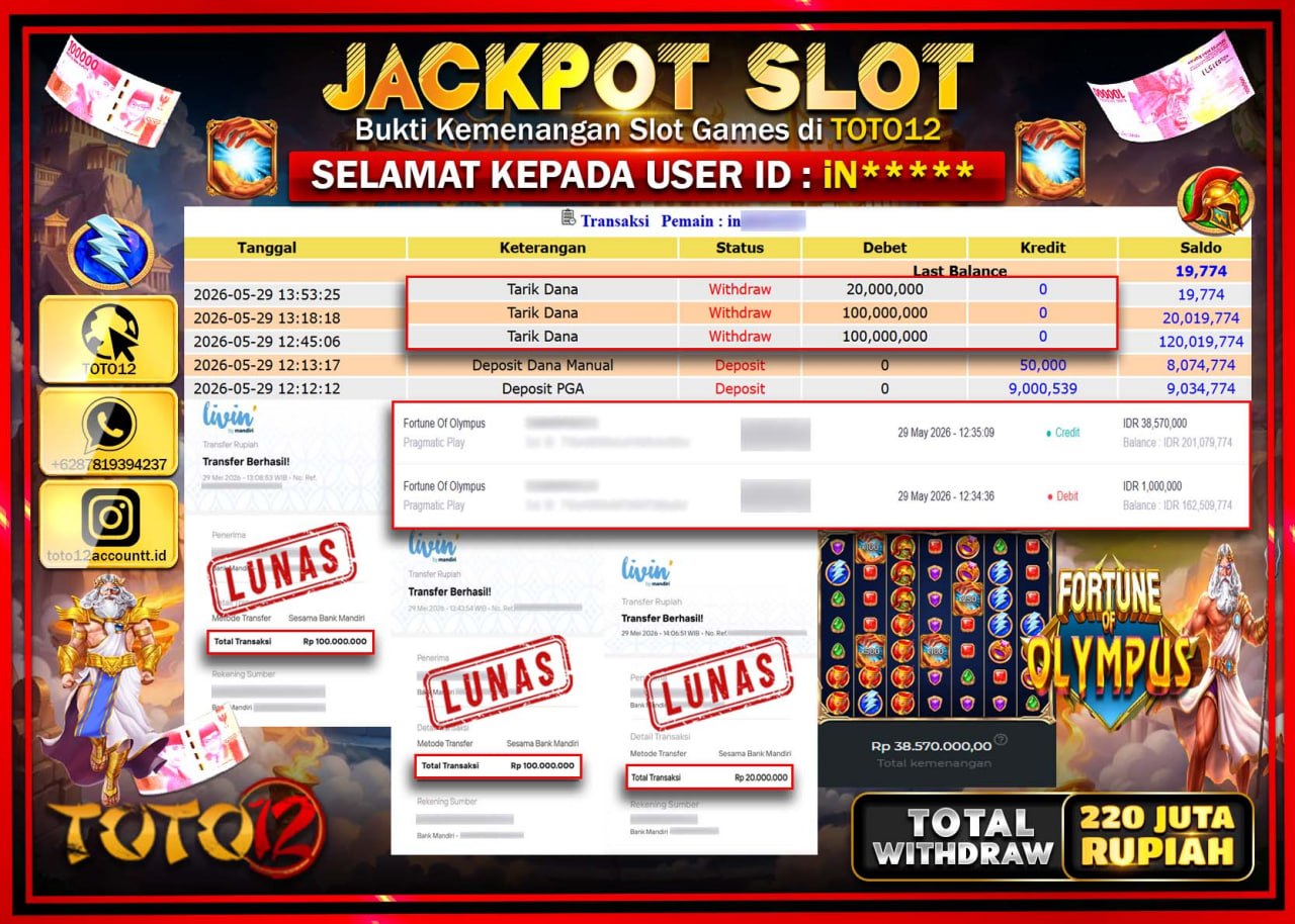 HANYA DI TOTO12 JP PASTI DI BAYAR LUNAS DAN CEPAT!!!!!! JACKPOT SLOT GAME (FORTUNE OF OLYMPUS) Rp220.000.000!!!!