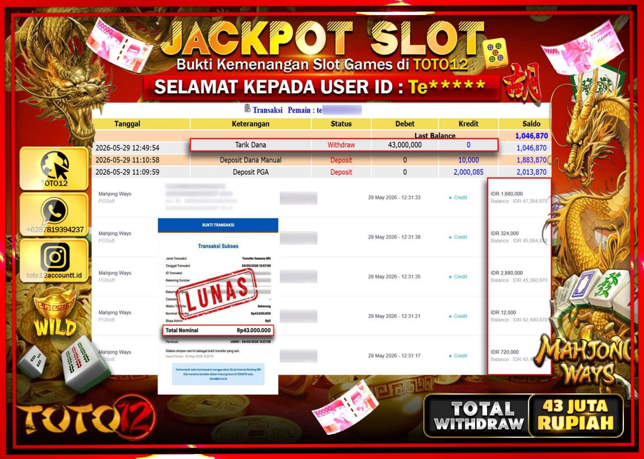 HANYA DI TOTO12 JP PASTI DI BAYAR LUNAS DAN CEPAT!!!!!! JACKPOT SLOT GAME (MAHJONG WAYS) Rp43.000.000!!!!