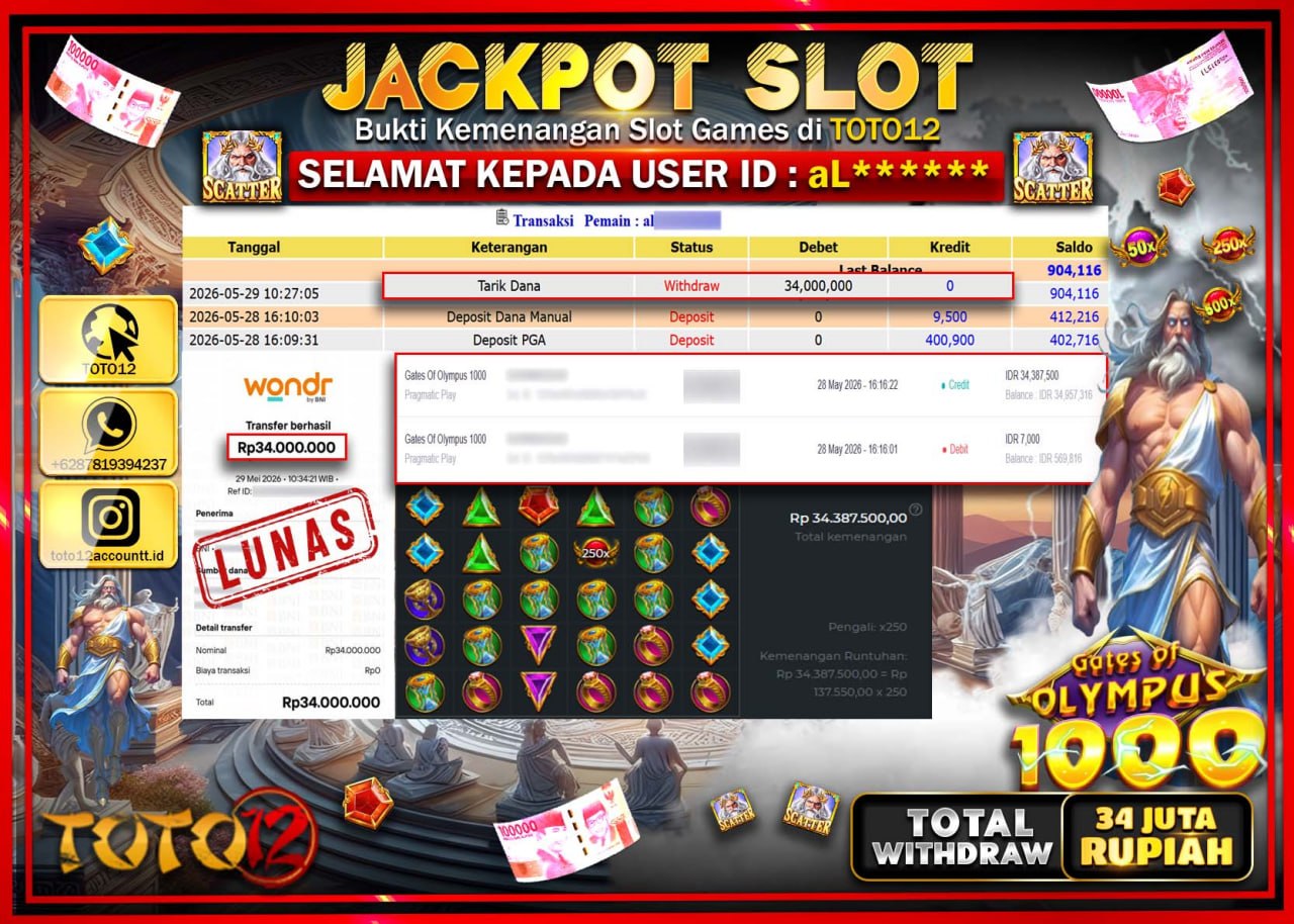 HANYA DI TOTO12 JP PASTI DI BAYAR LUNAS DAN CEPAT!!!!!! JACKPOT SLOT GAME (GATES OF OLYMPUS 1000) Rp34.000.000!!!!