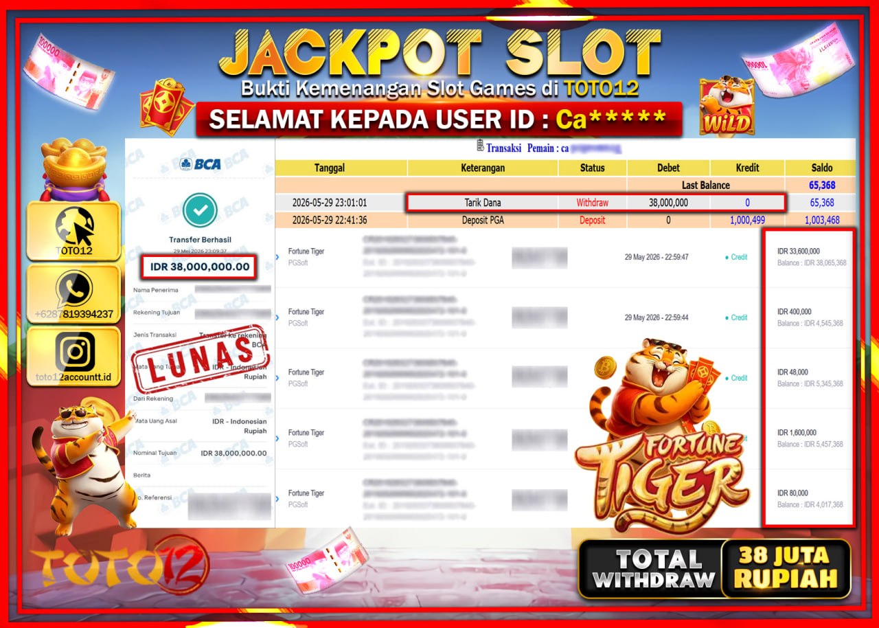 HANYA DI TOTO12 JP PASTI DI BAYAR LUNAS DAN CEPAT!!!!!! JACKPOT SLOT GAME (FORTUNE TIGER) Rp38.000.000!!!!