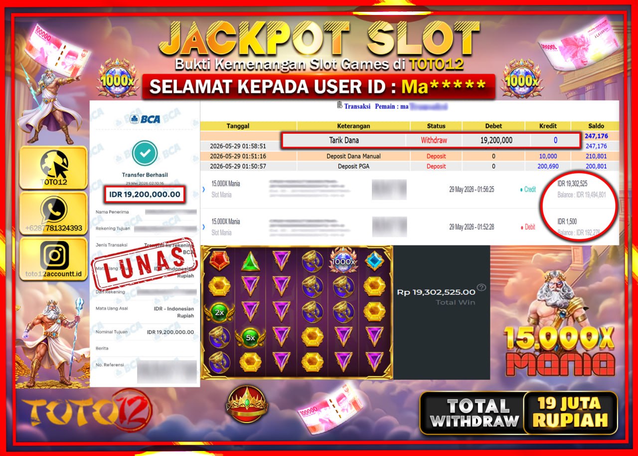 HANYA DI TOTO12 JP PASTI DI BAYAR LUNAS DAN CEPAT!!!!!! JACKPOT SLOT GAME (15.000 X MANIA) Rp19.200.000!!!!