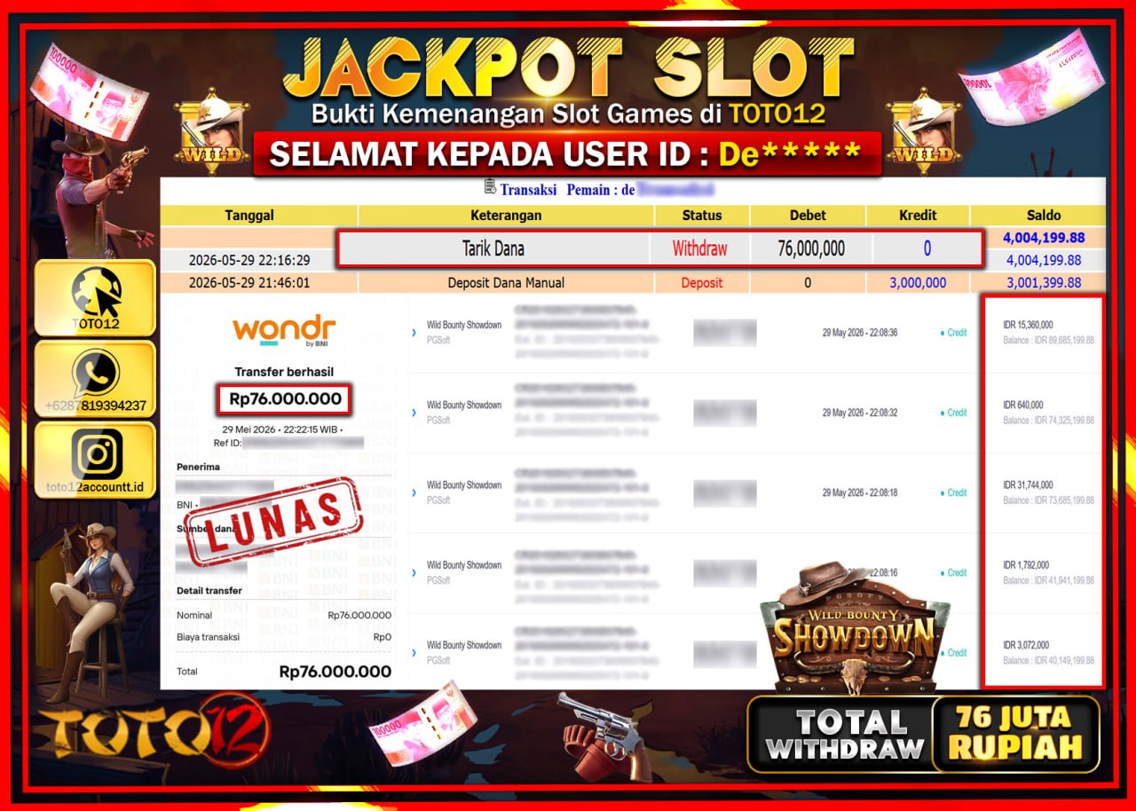 HANYA DI TOTO12 JP PASTI DI BAYAR LUNAS DAN CEPAT!!!!!! JACKPOT SLOT GAME (WILD BOUNTY SHOWDOWN) Rp76.000.000!!!!