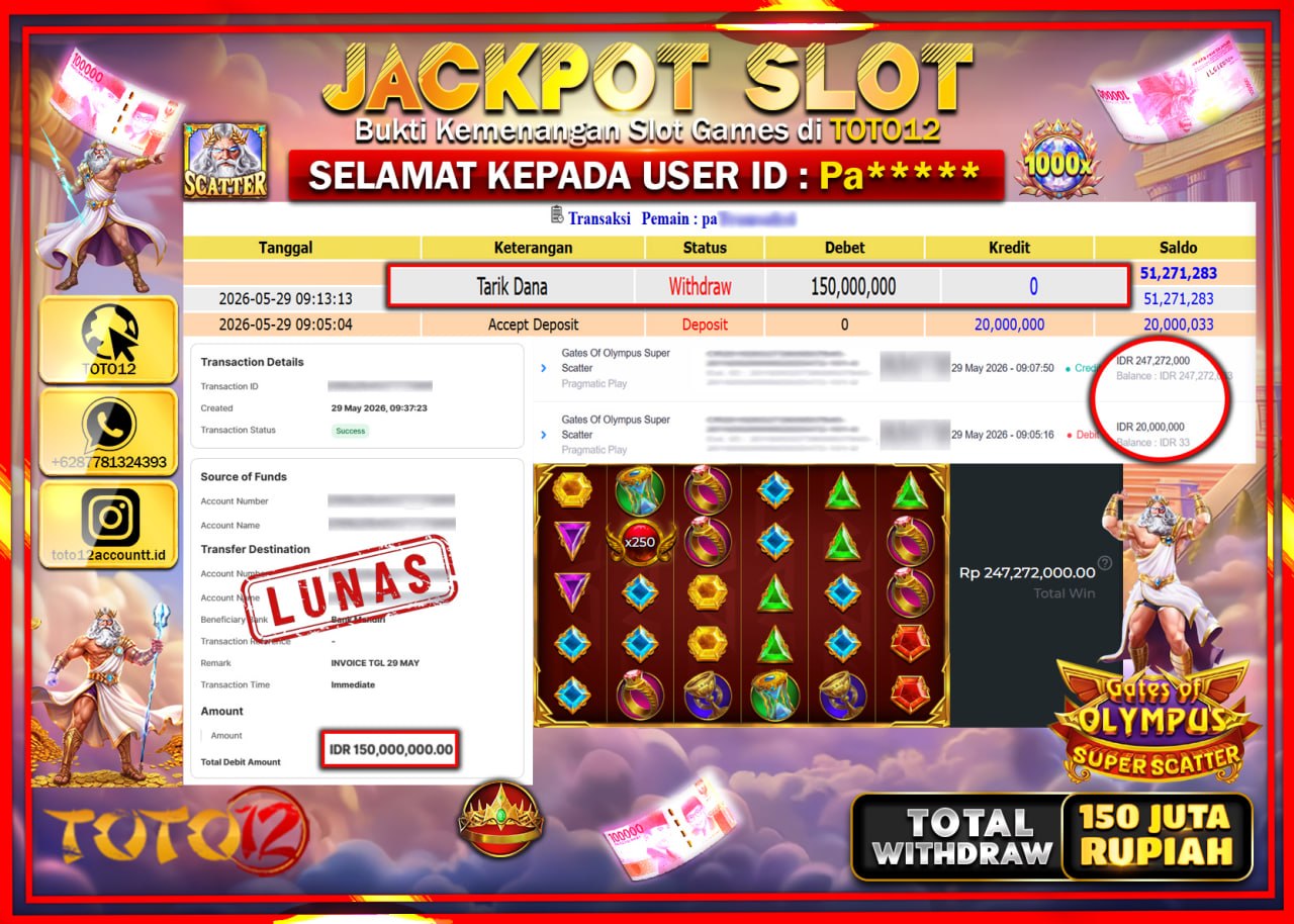 HANYA DI TOTO12 JP PASTI DI BAYAR LUNAS DAN CEPAT!!!!!! JACKPOT SLOT GAME (GATES OF OLYMPUS SUPER SCATTER) Rp150.000.000!!!!
