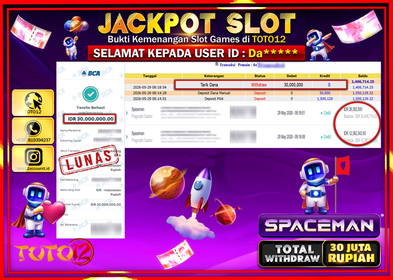 HANYA DI TOTO12 JP PASTI DI BAYAR LUNAS DAN CEPAT!!!!!! JACKPOT SLOT GAME (SPACEMAN) Rp30.000.000!!!!