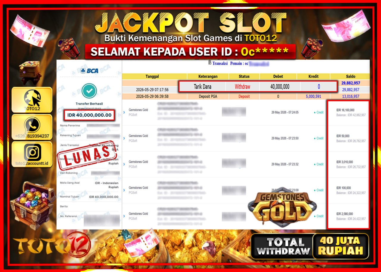 HANYA DI TOTO12 JP PASTI DI BAYAR LUNAS DAN CEPAT!!!!!! JACKPOT SLOT GAME (GEMSTONES GOLD) Rp40.000.000!!!!