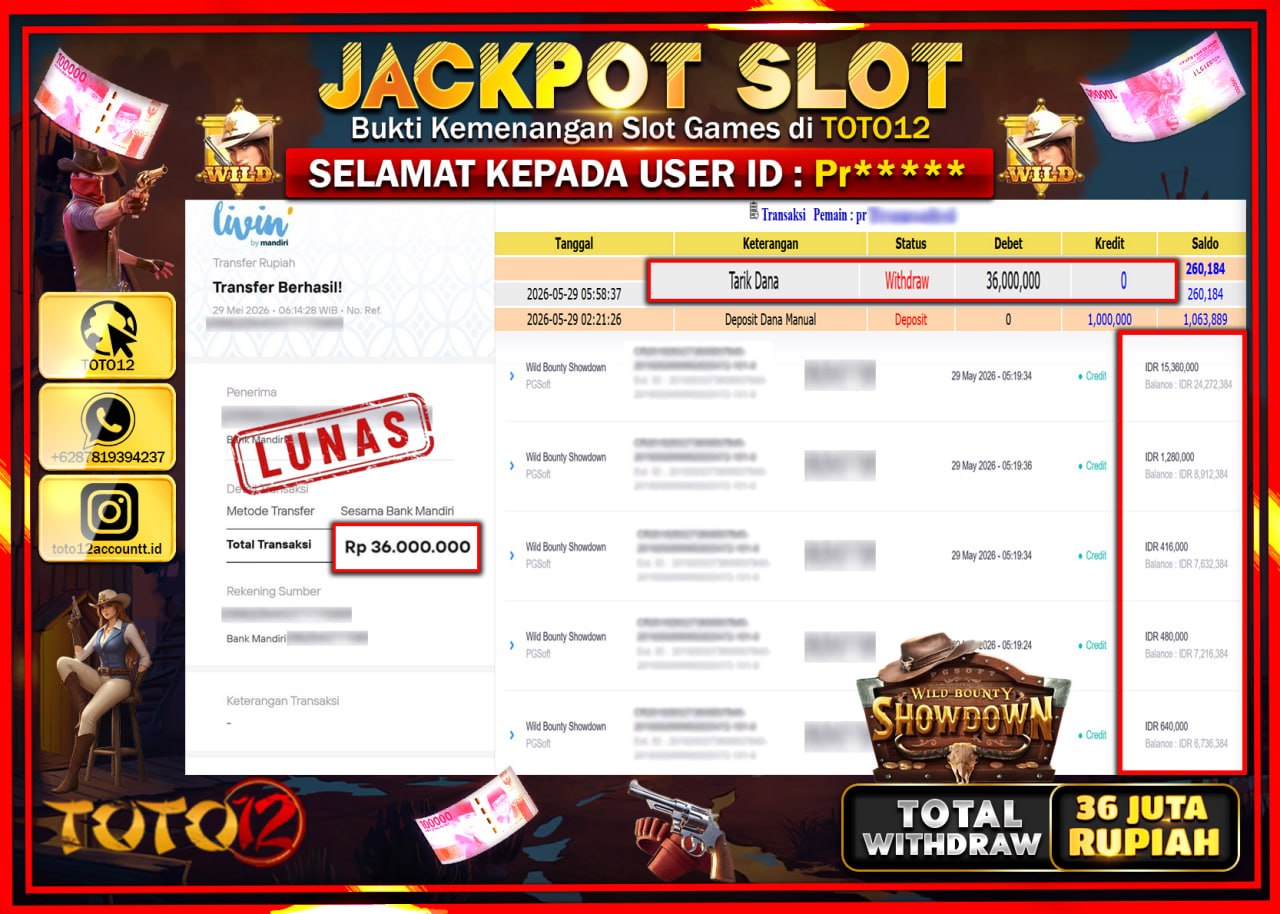 HANYA DI TOTO12 JP PASTI DI BAYAR LUNAS DAN CEPAT!!!!!! JACKPOT SLOT GAME (WILD BOUNTY SHOWDOWN) Rp36.000.000!!!!