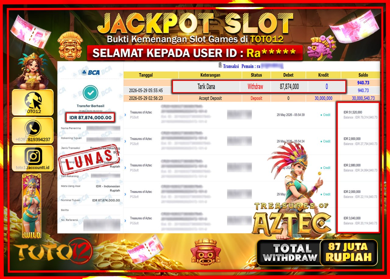 HANYA DI TOTO12 JP PASTI DI BAYAR LUNAS DAN CEPAT!!!!!! JACKPOT SLOT GAME (TREASURES OF AZTEC) Rp87.874.000!!!!