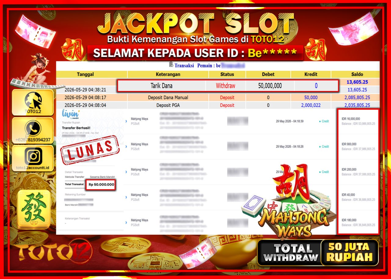 HANYA DI TOTO12 JP PASTI DI BAYAR LUNAS DAN CEPAT!!!!!! JACKPOT SLOT GAME (MAHJONG WAYS) Rp50.000.000!!!!