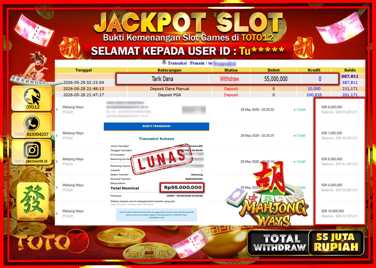 HANYA DI TOTO12 JP PASTI DI BAYAR LUNAS DAN CEPAT!!!!!! JACKPOT SLOT GAME (MAHJONG WAYS) Rp55.000.000!!!!