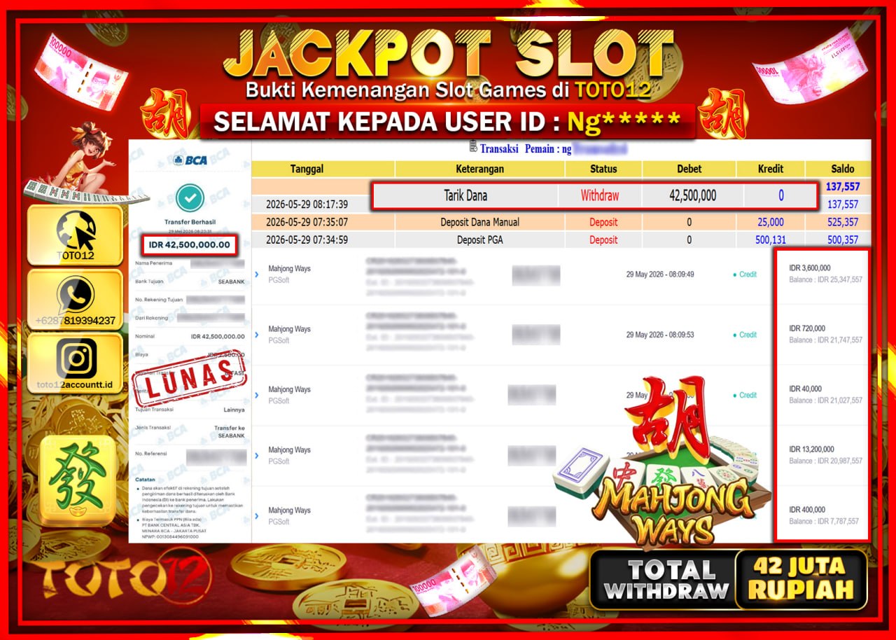 HANYA DI TOTO12 JP PASTI DI BAYAR LUNAS DAN CEPAT!!!!!! JACKPOT SLOT GAME (MAHJONG WAYS) Rp42.500.000!!!!