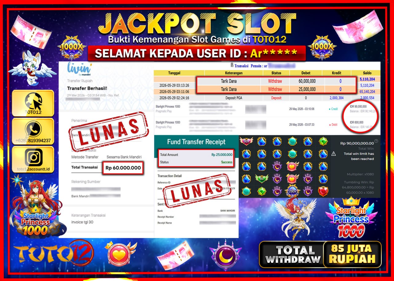 HANYA DI TOTO12 JP PASTI DI BAYAR LUNAS DAN CEPAT!!!!!! JACKPOT SLOT GAME (STARLIGHT PRINCESS 1000) Rp85.000.000!!!!