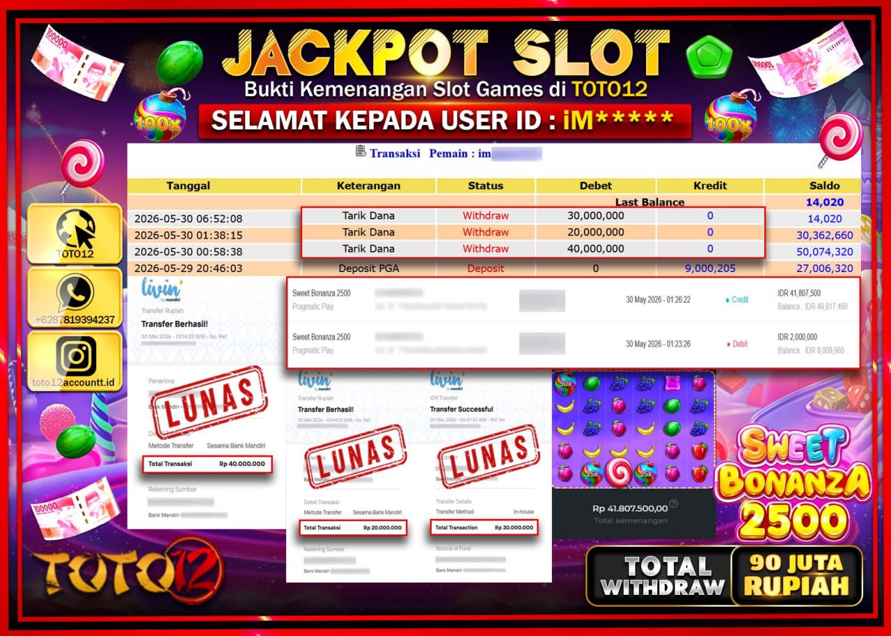 HANYA DI TOTO12 JP PASTI DI BAYAR LUNAS DAN CEPAT!!!!!! JACKPOT SLOT GAME (SWEET BONANZA 2500) Rp90.000.000!!!!