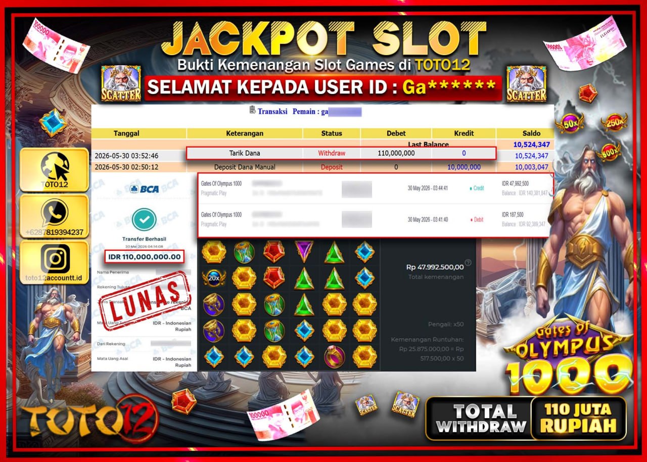 HANYA DI TOTO12 JP PASTI DI BAYAR LUNAS DAN CEPAT!!!!!! JACKPOT SLOT GAME (GATES OF OLYMPUS 1000) Rp110.000.000!!!!