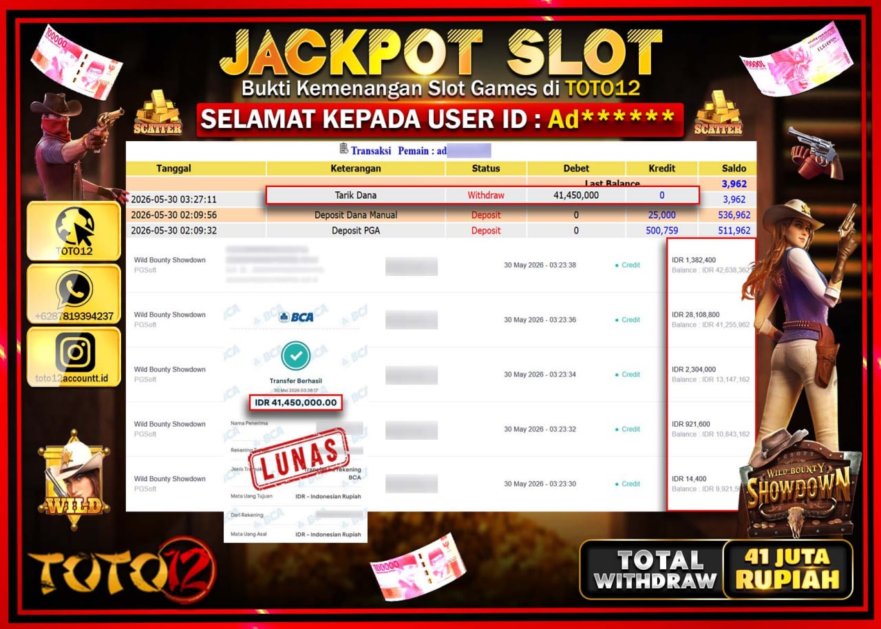 HANYA DI TOTO12 JP PASTI DI BAYAR LUNAS DAN CEPAT!!!!!! JACKPOT SLOT GAME (WILD BOUNTY SHOWDOWN) Rp41.450.000!!!!