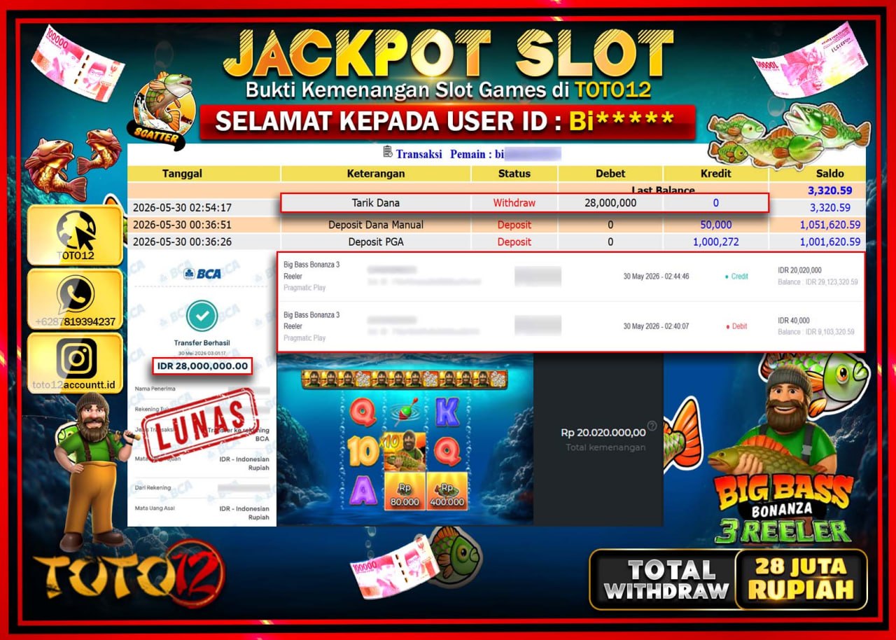 HANYA DI TOTO12 JP PASTI DI BAYAR LUNAS DAN CEPAT!!!!!! JACKPOT SLOT GAME (BIG BASS) Rp28.000.000!!!!
