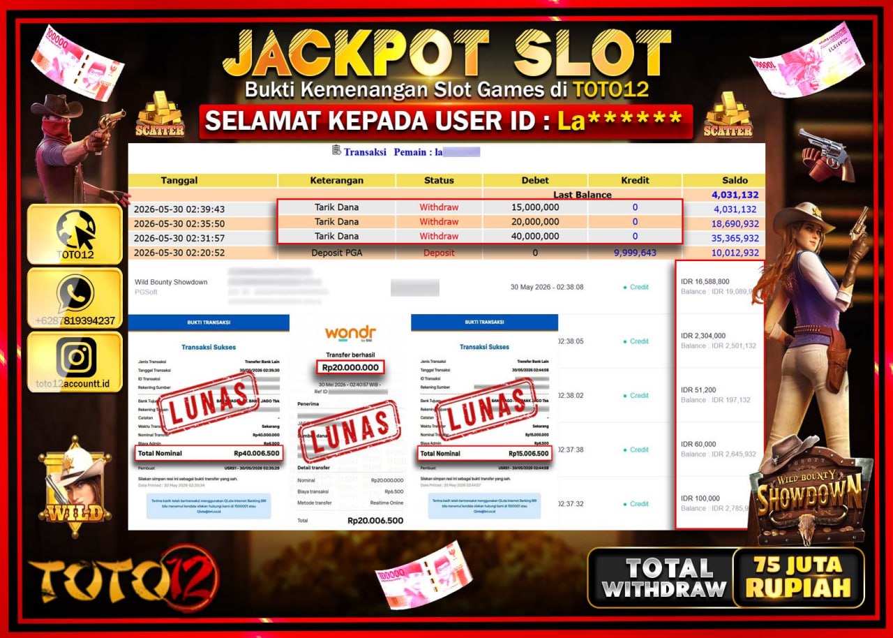 HANYA DI TOTO12 JP PASTI DI BAYAR LUNAS DAN CEPAT!!!!!! JACKPOT SLOT GAME (WILD BOUNTY SHOWDOWN) Rp75.000.000!!!!
