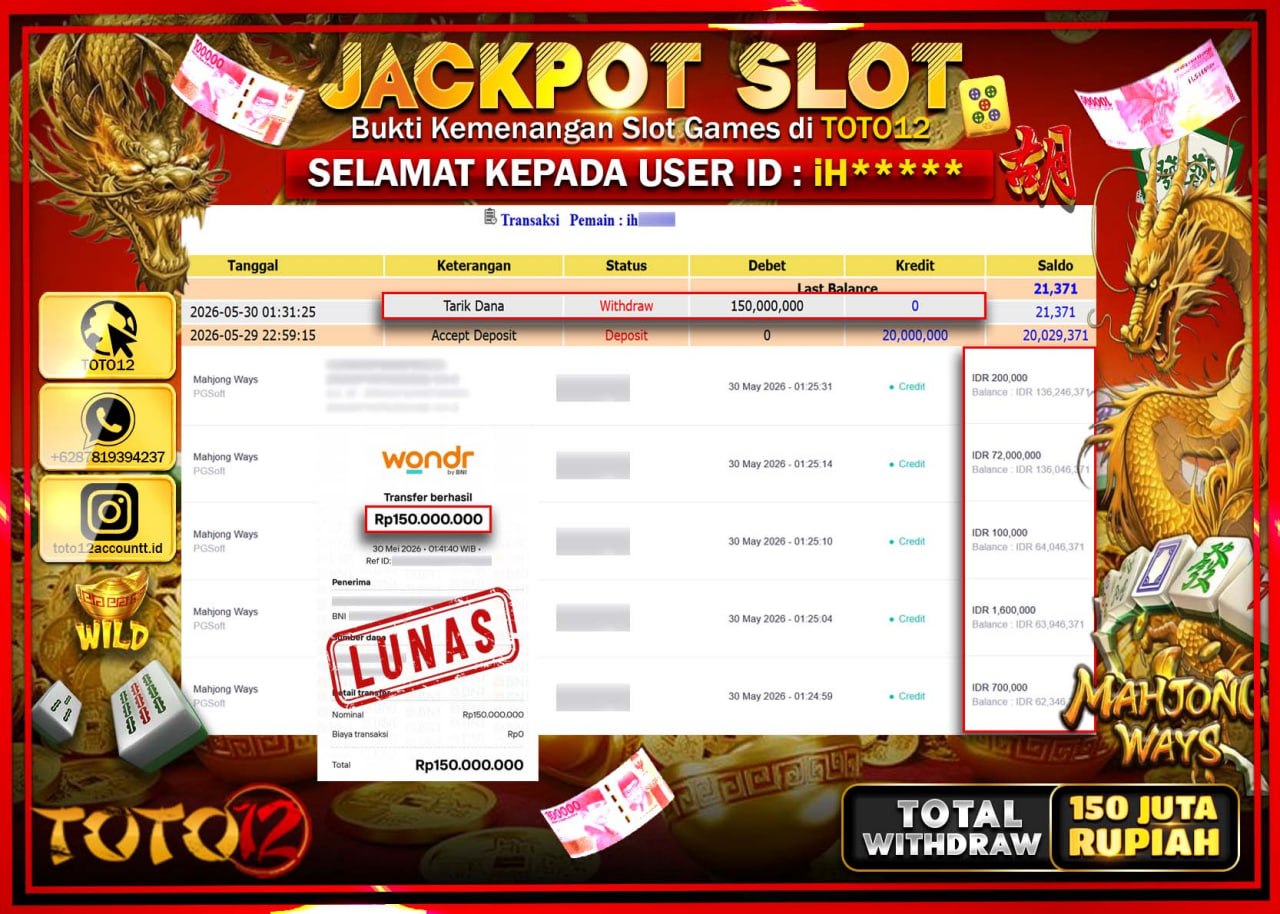 HANYA DI TOTO12 JP PASTI DI BAYAR LUNAS DAN CEPAT!!!!!! JACKPOT SLOT GAME (MAHJONG WAYS) Rp150.000.000!!!!