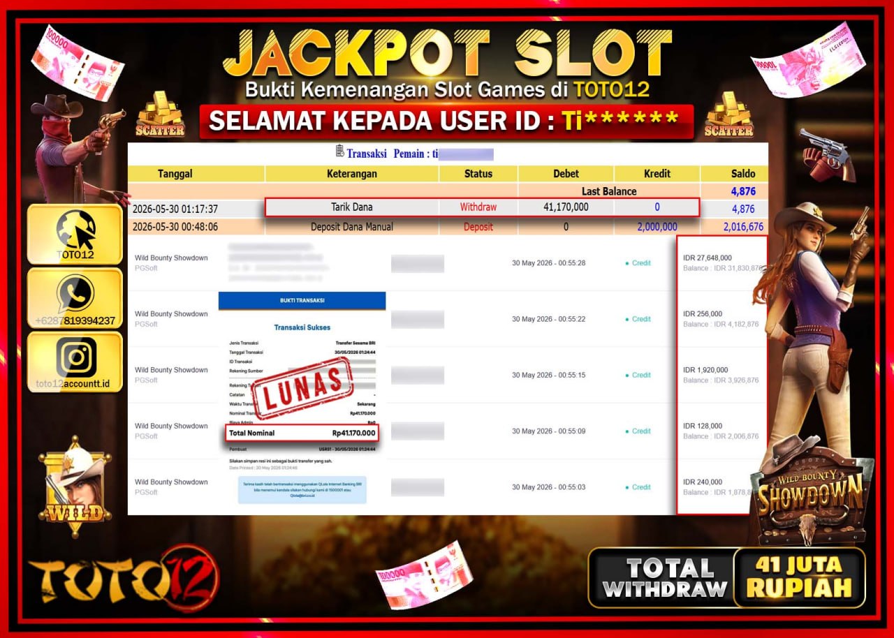 HANYA DI TOTO12 JP PASTI DI BAYAR LUNAS DAN CEPAT!!!!!! JACKPOT SLOT GAME (WILD BOUNTY SHOWDOWN) Rp41.170.000!!!!