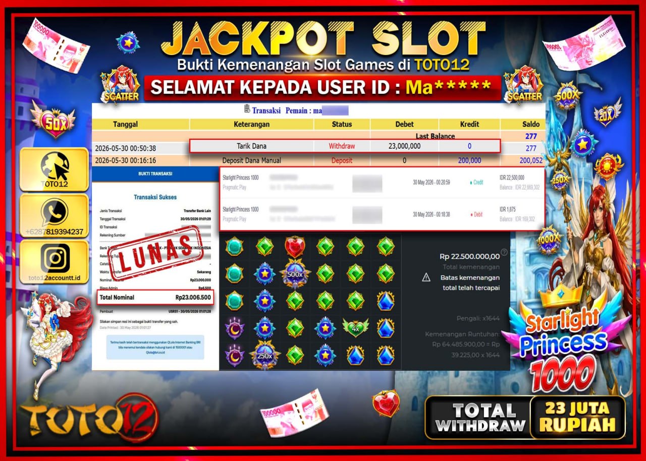 HANYA DI TOTO12 JP PASTI DI BAYAR LUNAS DAN CEPAT!!!!!! JACKPOT SLOT GAME (STARLIGHT PRINCESS 1000) Rp23.000.000!!!!
