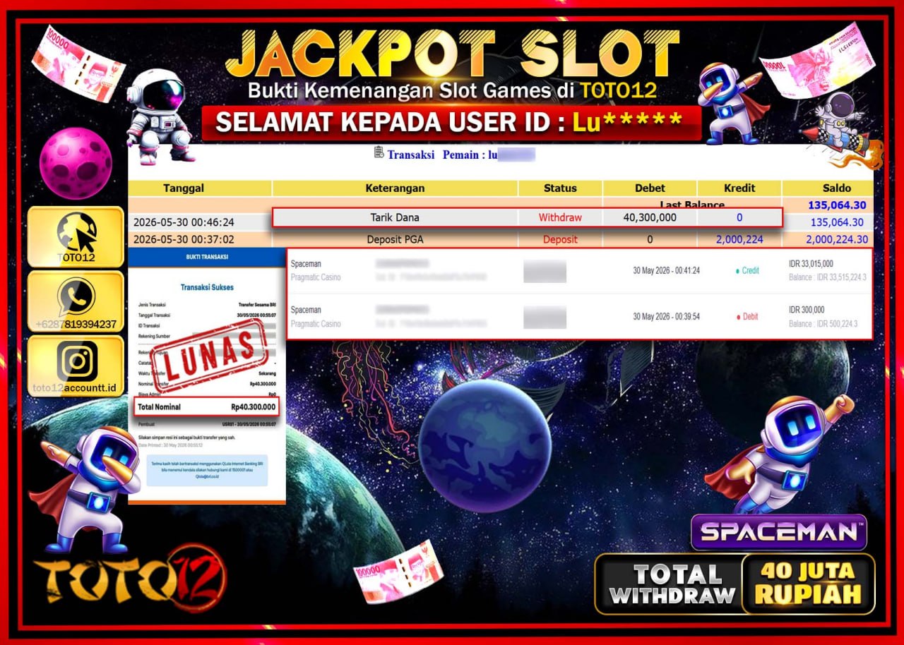HANYA DI TOTO12 JP PASTI DI BAYAR LUNAS DAN CEPAT!!!!!! JACKPOT SLOT GAME (SPACEMAN) Rp40.300.000!!!!