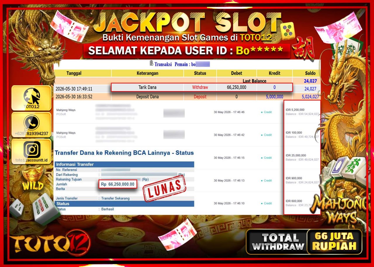 HANYA DI TOTO12 JP PASTI DI BAYAR LUNAS DAN CEPAT!!!!!! JACKPOT SLOT GAME (MAHJONG WAYS) Rp66.250.000!!!!