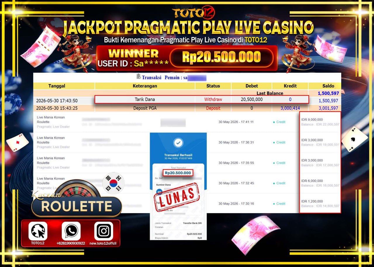 HANYA DI TOTO12 JP PASTI DI BAYAR LUNAS DAN CEPAT!!!!!! JACKPOT PRAGMATIC PLAY LIVE GAME CASINO (LIVE MANIA KOREA ROULETTE) Rp20.500.000!!!!