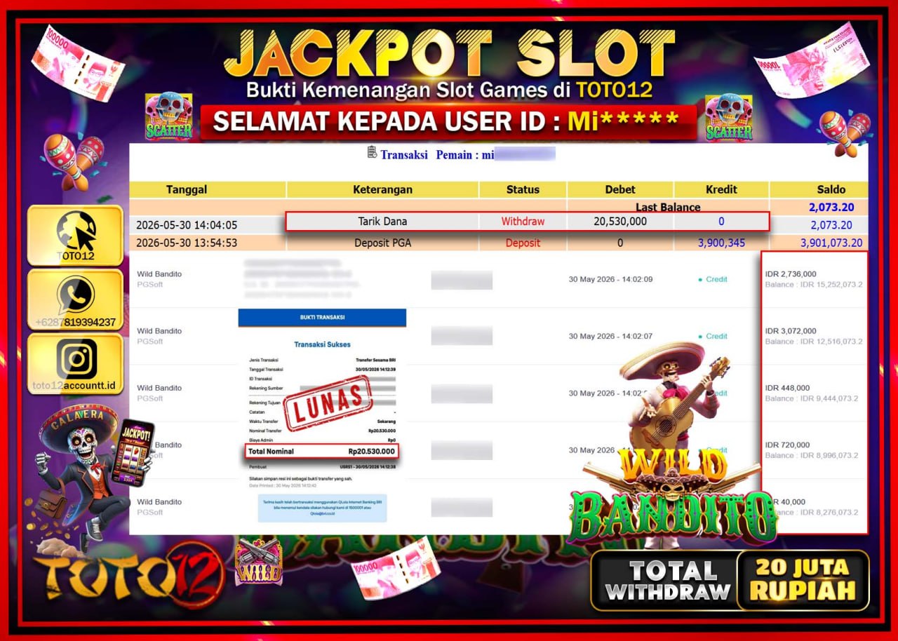 HANYA DI TOTO12 JP PASTI DI BAYAR LUNAS DAN CEPAT!!!!!! JACKPOT SLOT GAME (WILD BANDITO) Rp20.530.000!!!!
