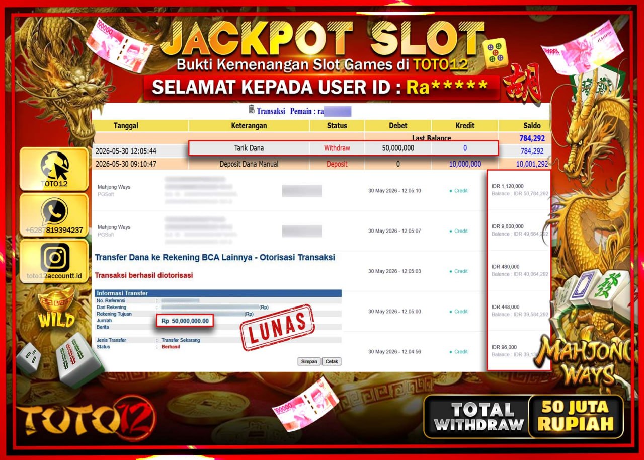 HANYA DI TOTO12 JP PASTI DI BAYAR LUNAS DAN CEPAT!!!!!! JACKPOT SLOT GAME (MAHJONG WAYS) Rp50.000.000!!!!