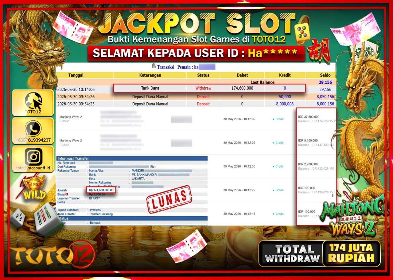 HANYA DI TOTO12 JP PASTI DI BAYAR LUNAS DAN CEPAT!!!!!! JACKPOT SLOT GAME (MAHJONG WAYS 2) Rp174.600.000!!!!