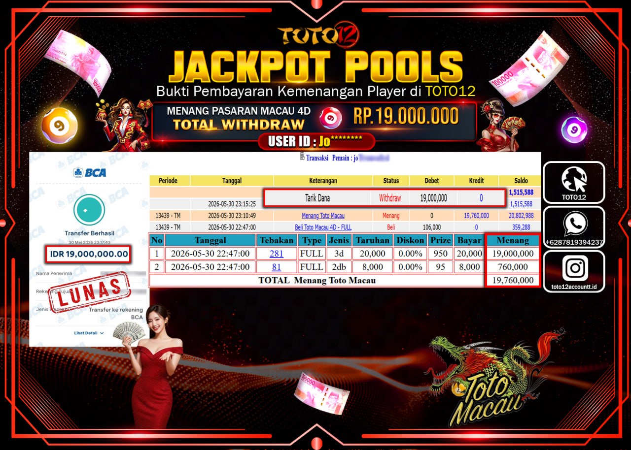 HANYA DI TOTO12 JP PASTI DI BAYAR LUNAS DAN CEPAT!!!!!! JACKPOT POOLS PASARAN (MACAU 4D) Rp19.000.000!!!!