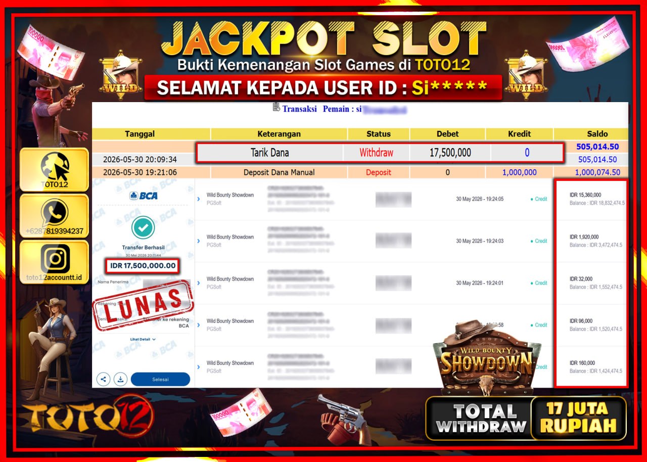 HANYA DI TOTO12 JP PASTI DI BAYAR LUNAS DAN CEPAT!!!!!! JACKPOT SLOT GAME (WILD BOUNTY SHOWDOWN) Rp17.500.000!!!!