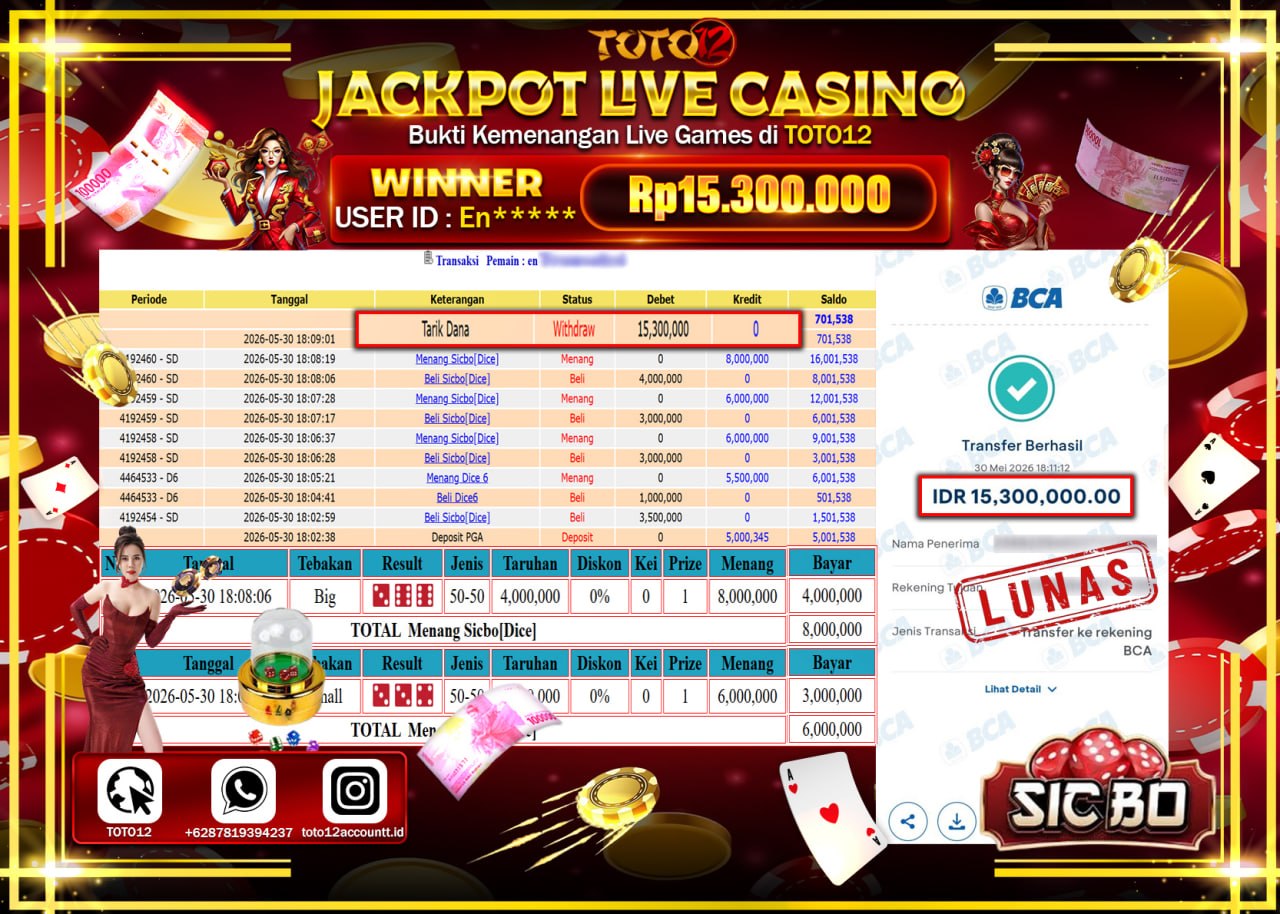HANYA DI TOTO12 JP PASTI DI BAYAR LUNAS DAN CEPAT!!!!!! JACKPOT  LIVE GAME CASINO (SICBO DICE) Rp15.300.000!!!!