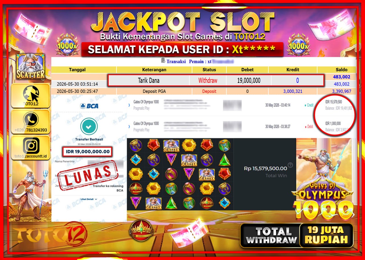 HANYA DI TOTO12 JP PASTI DI BAYAR LUNAS DAN CEPAT!!!!!! JACKPOT SLOT GAME (GATES OF OLYMPUS 1000) Rp19.000.000!!!!