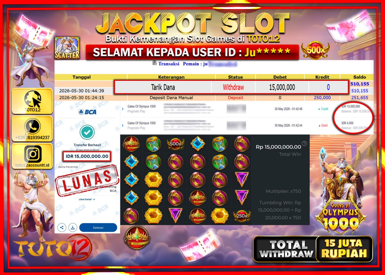 HANYA DI TOTO12 JP PASTI DI BAYAR LUNAS DAN CEPAT!!!!!! JACKPOT SLOT GAME (GATES OF OLYMPUS 1000) Rp15.000.000!!!!