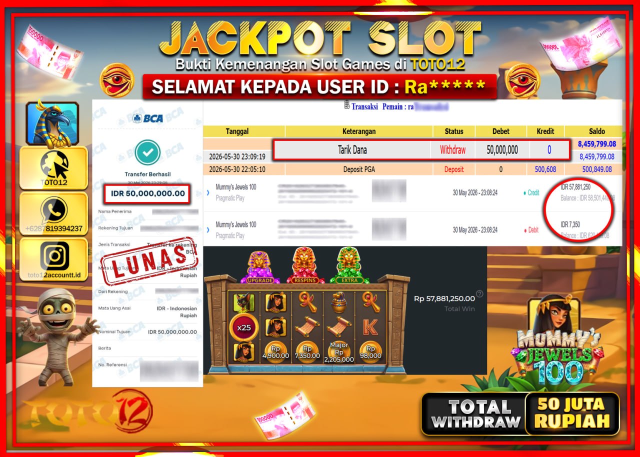 HANYA DI TOTO12 JP PASTI DI BAYAR LUNAS DAN CEPAT!!!!!! JACKPOT SLOT GAME (MUMMY S JEWELS 100) Rp50.000.000!!!!