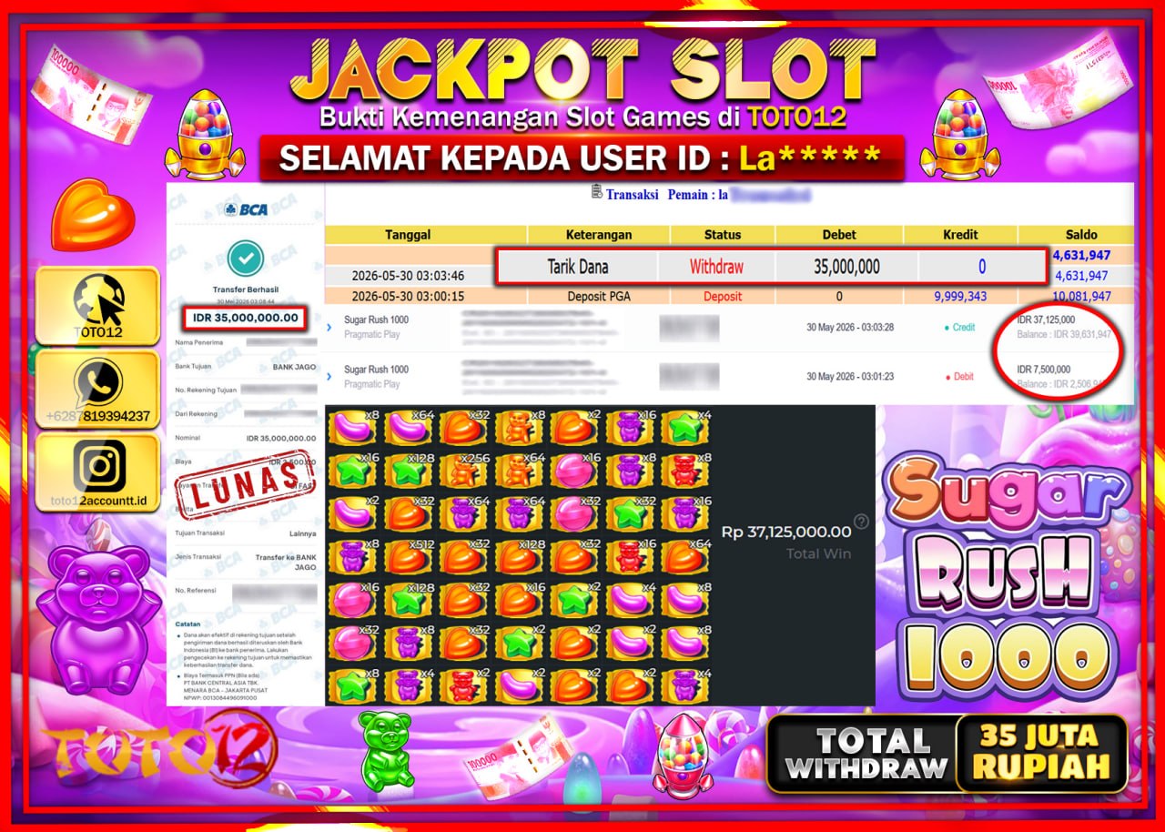 HANYA DI TOTO12 JP PASTI DI BAYAR LUNAS DAN CEPAT!!!!!! JACKPOT SLOT GAME (SUGAR RUSH 1000) Rp35.000.000!!!!