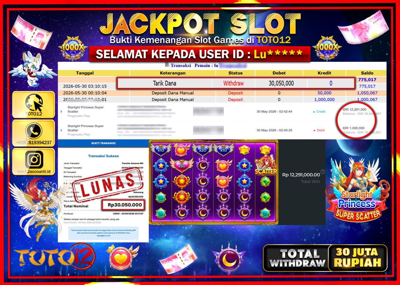 HANYA DI TOTO12 JP PASTI DI BAYAR LUNAS DAN CEPAT!!!!!! JACKPOT SLOT GAME (STARLIGHT PRINCESS SUPER SCATTER) Rp30.050.000!!!!
