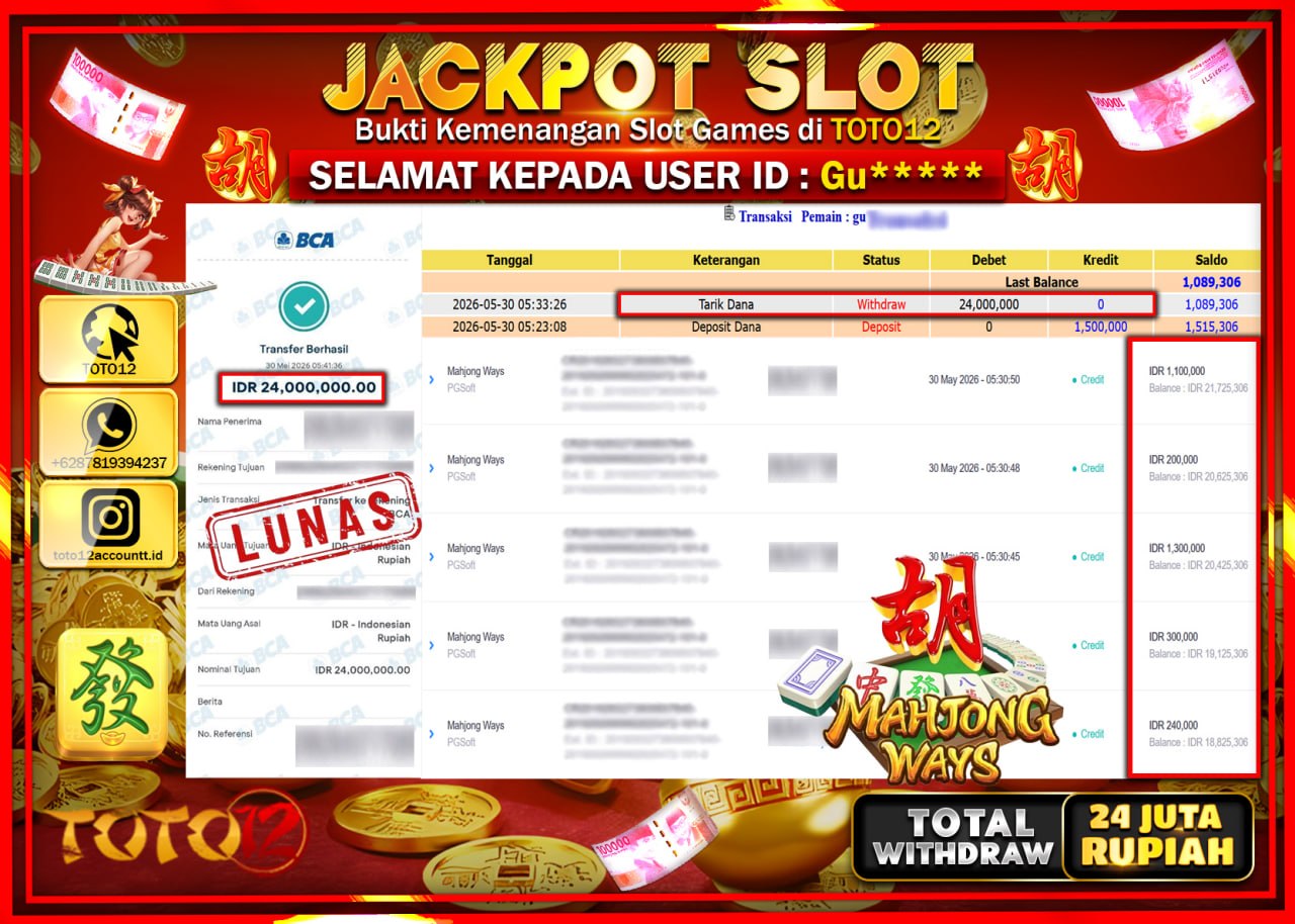 HANYA DI TOTO12 JP PASTI DI BAYAR LUNAS DAN CEPAT!!!!!! JACKPOT SLOT GAME (MAHJONG WAYS) Rp24.000.000!!!!