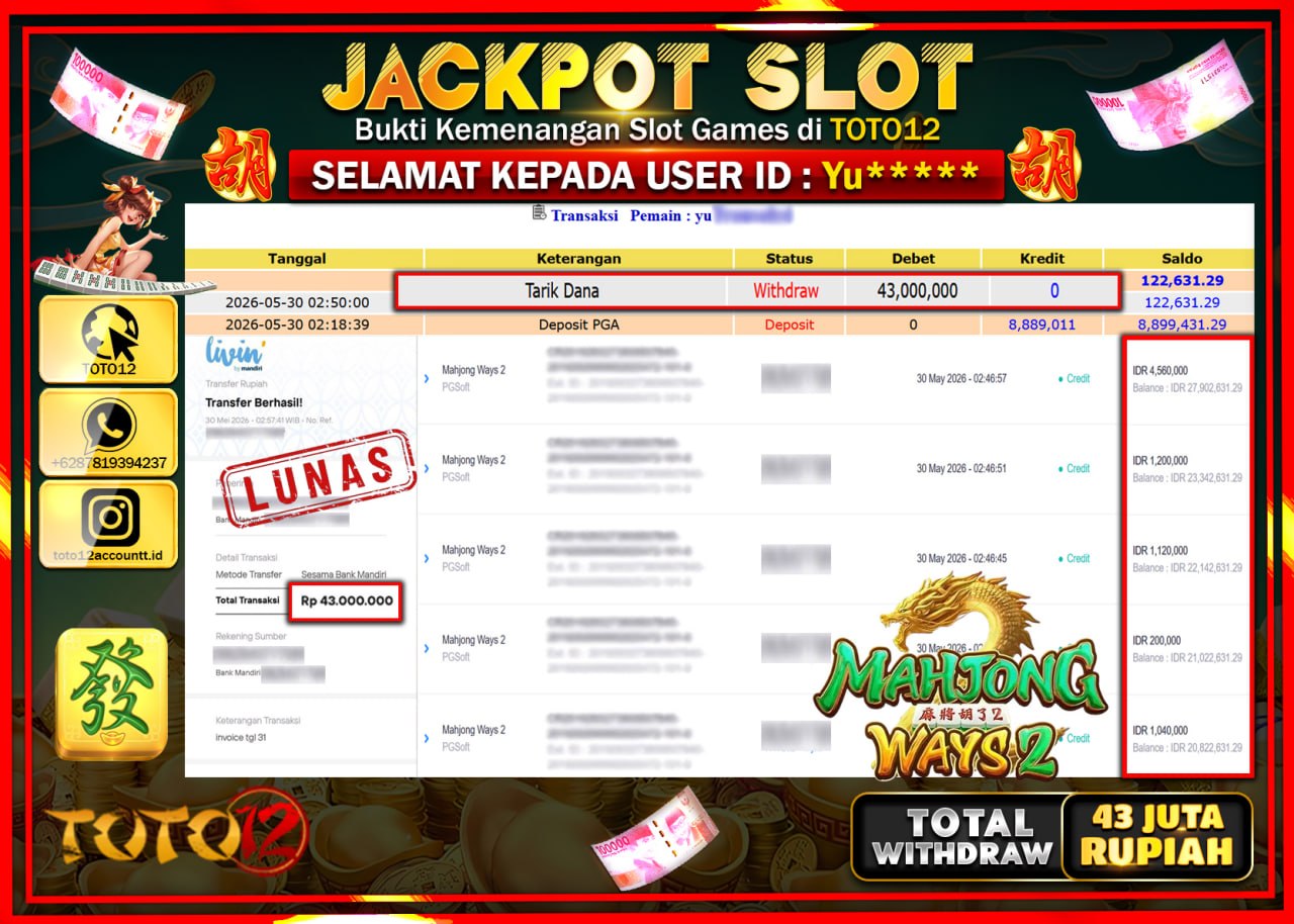 HANYA DI TOTO12 JP PASTI DI BAYAR LUNAS DAN CEPAT!!!!!! JACKPOT SLOT GAME (MAHJONG WAYS 2) Rp43.000.000!!!!