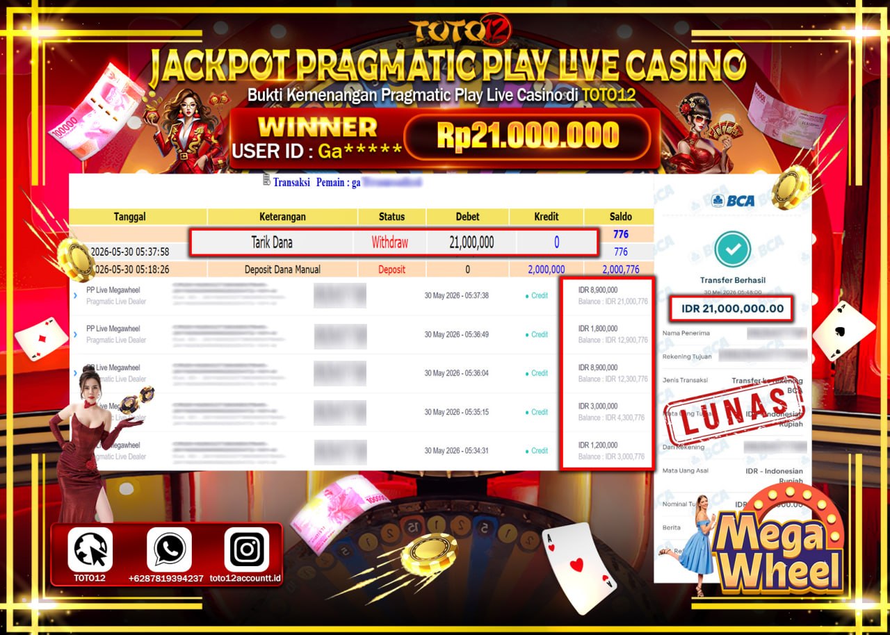 HANYA DI TOTO12 JP PASTI DI BAYAR LUNAS DAN CEPAT!!!!!! JACKPOT PRAGMATIC PLAY LIVE GAME CASINO (PP LIVE MEGAWHEEL) Rp21.000.000!!!!