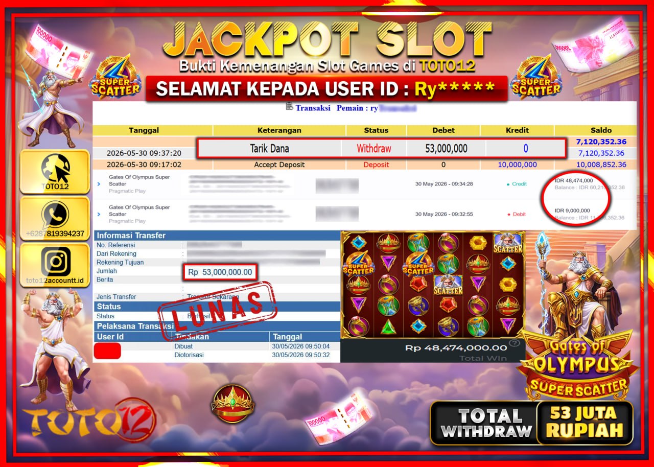 HANYA DI TOTO12 JP PASTI DI BAYAR LUNAS DAN CEPAT!!!!!! JACKPOT SLOT GAME (GATES OF OLYMPUS SUPER SCATTER) Rp53.000.000!!!!