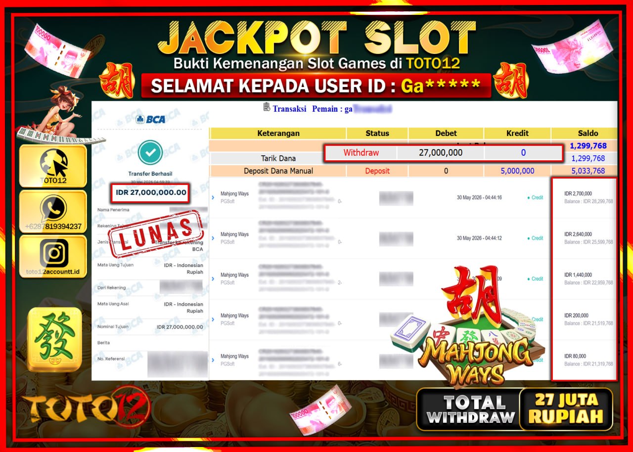 HANYA DI TOTO12 JP PASTI DI BAYAR LUNAS DAN CEPAT!!!!!! JACKPOT SLOT GAME (MAHJONG WAYS) Rp27.000.000!!!!