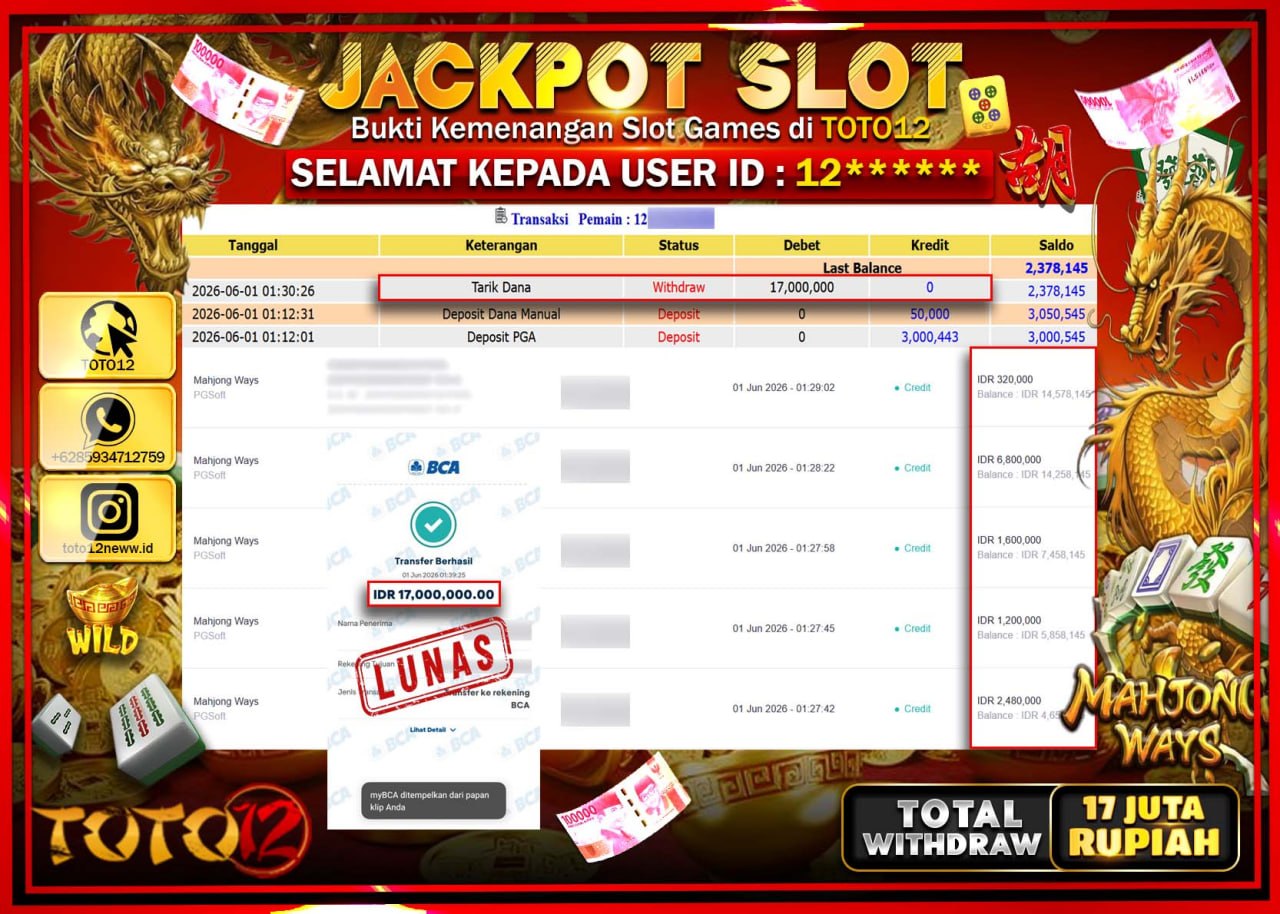 HANYA DI TOTO12 JP PASTI DI BAYAR LUNAS DAN CEPAT!!!!!! JACKPOT SLOT GAME (MAHJONG WAYS) Rp17.000.000!!!!