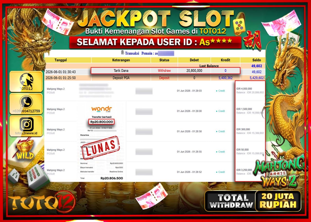 HANYA DI TOTO12 JP PASTI DI BAYAR LUNAS DAN CEPAT!!!!!! JACKPOT SLOT GAME (MAHJONG WAYS 2) Rp20.800.000!!!!