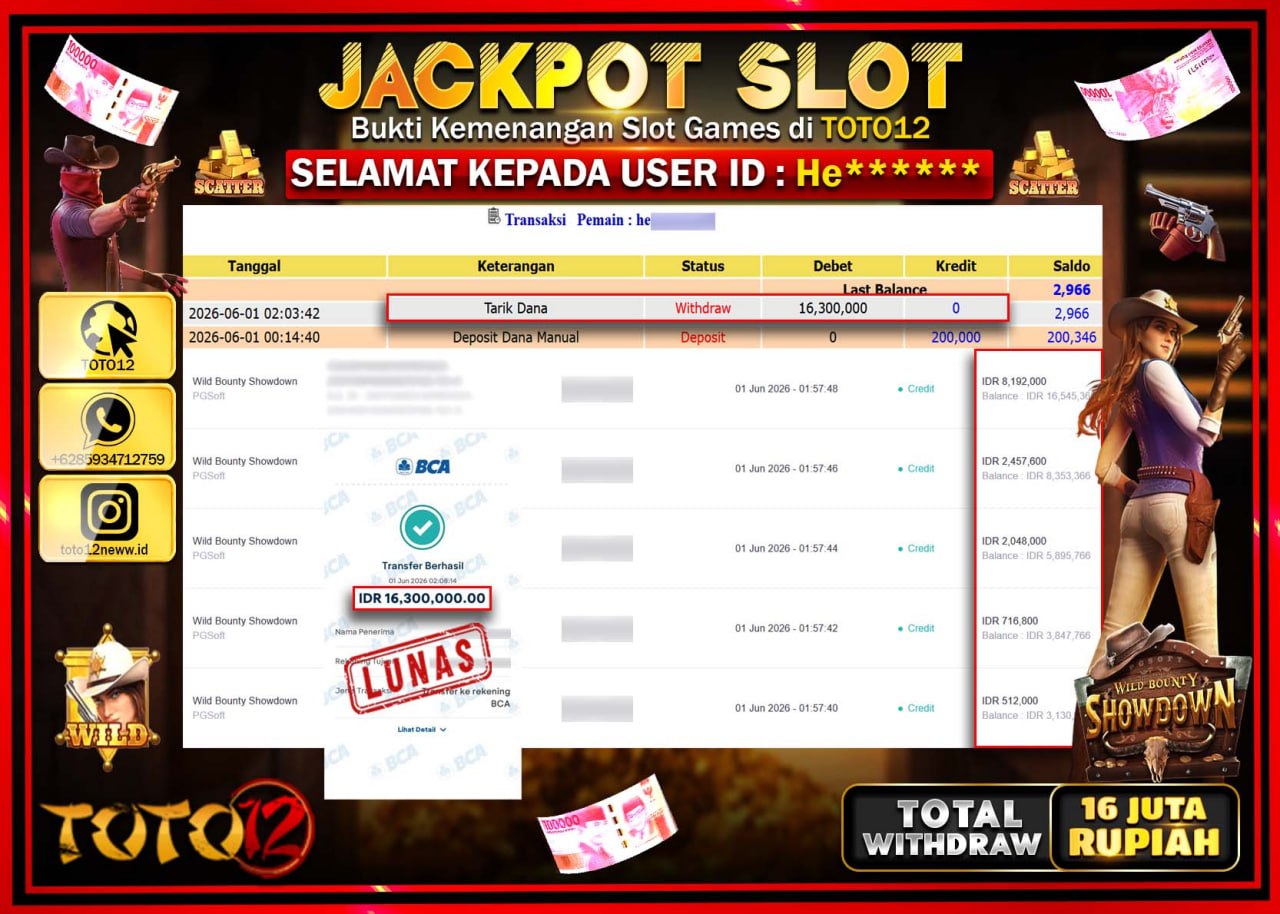 HANYA DI TOTO12 JP PASTI DI BAYAR LUNAS DAN CEPAT!!!!!! JACKPOT SLOT GAME (WILD BOUNTY SHOWDOWN) Rp16.300.000!!!!