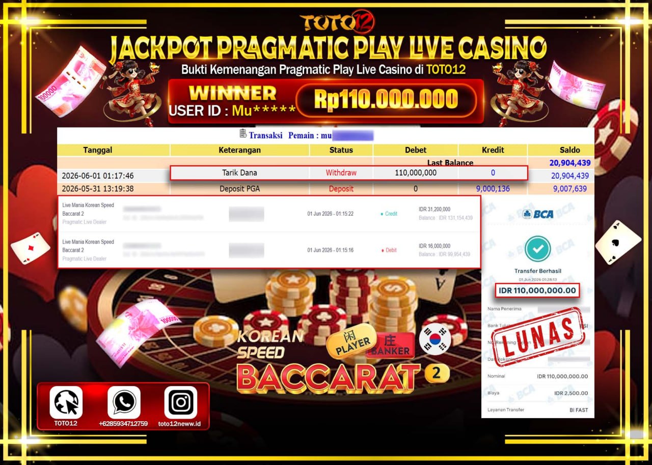 HANYA DI TOTO12 JP PASTI DI BAYAR LUNAS DAN CEPAT!!!!!! JACKPOT PRAGMATIC PLAY LIVE GAME CASINO (LIVE MANIA KOREAN SPEED BACCARAT 2) Rp110.000.000!!!!