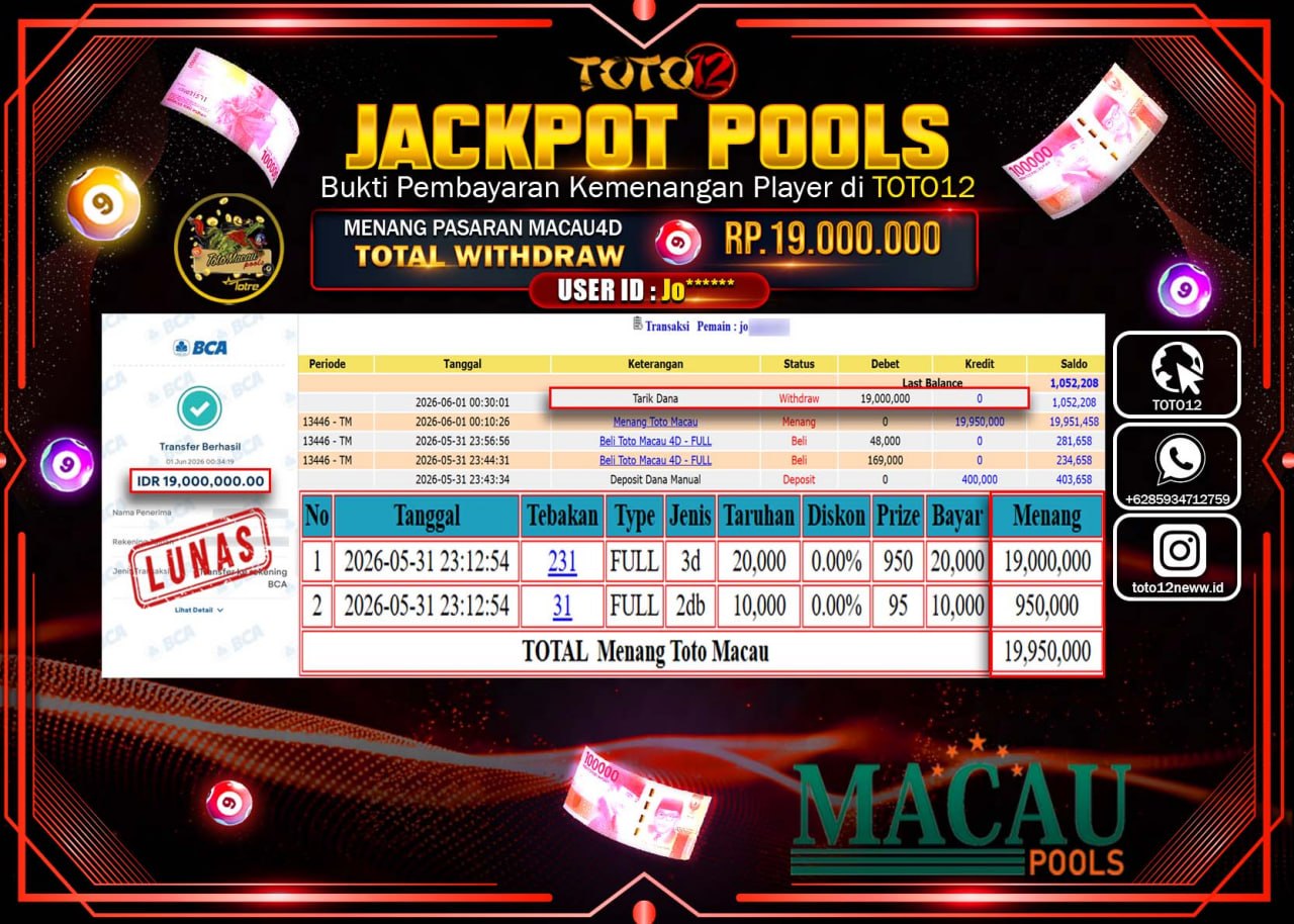HANYA DI TOTO12 JP PASTI DI BAYAR LUNAS DAN CEPAT!!!!!! JACKPOT POOLS PASARAN (MACAU 4D) Rp19.000.000!!!!