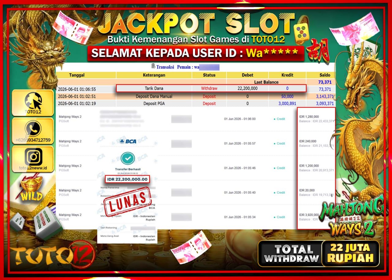 HANYA DI TOTO12 JP PASTI DI BAYAR LUNAS DAN CEPAT!!!!!! JACKPOT SLOT GAME (MAHJONG WAYS 2) Rp22.200.000!!!!