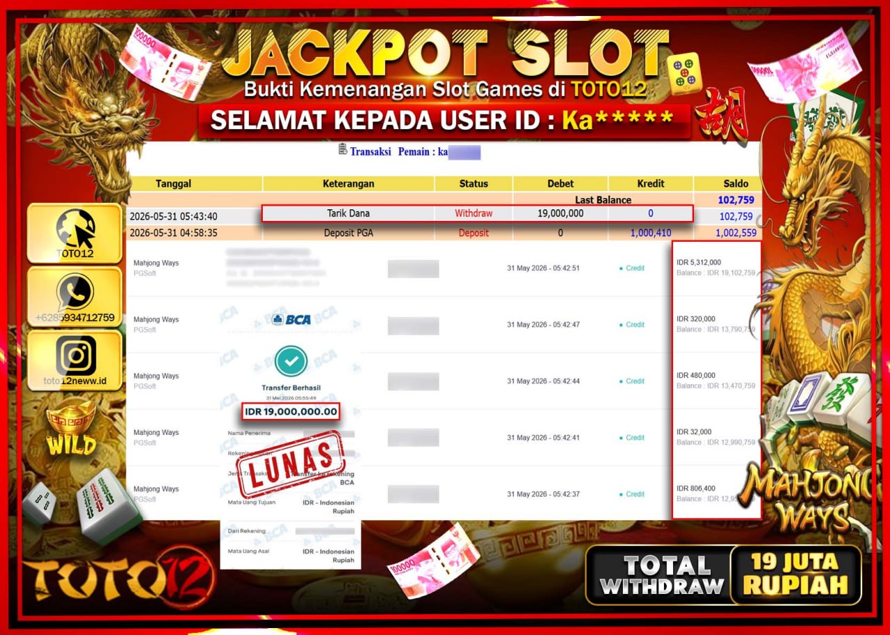 HANYA DI TOTO12 JP PASTI DI BAYAR LUNAS DAN CEPAT!!!!!! JACKPOT SLOT GAME (MAHJONG WAYS) Rp19.000.000!!!!